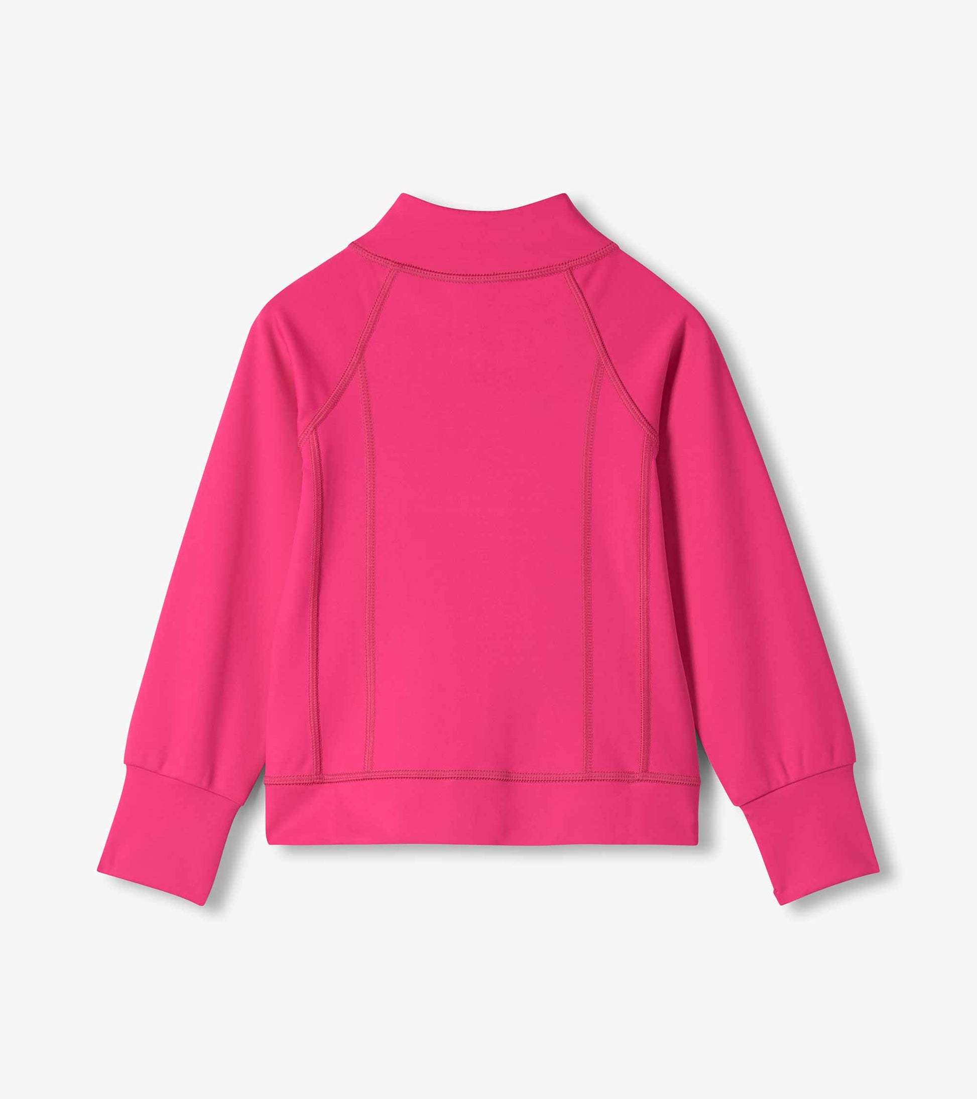 Girls bright pink active jacket, back view with mock neck, long sleeves, and fitted seam detailing