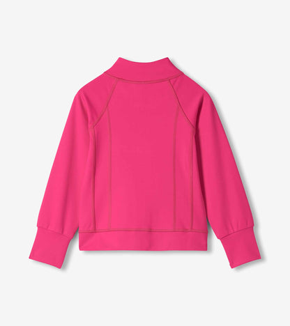 Girls bright pink active jacket, back view with mock neck, long sleeves, and fitted seam detailing