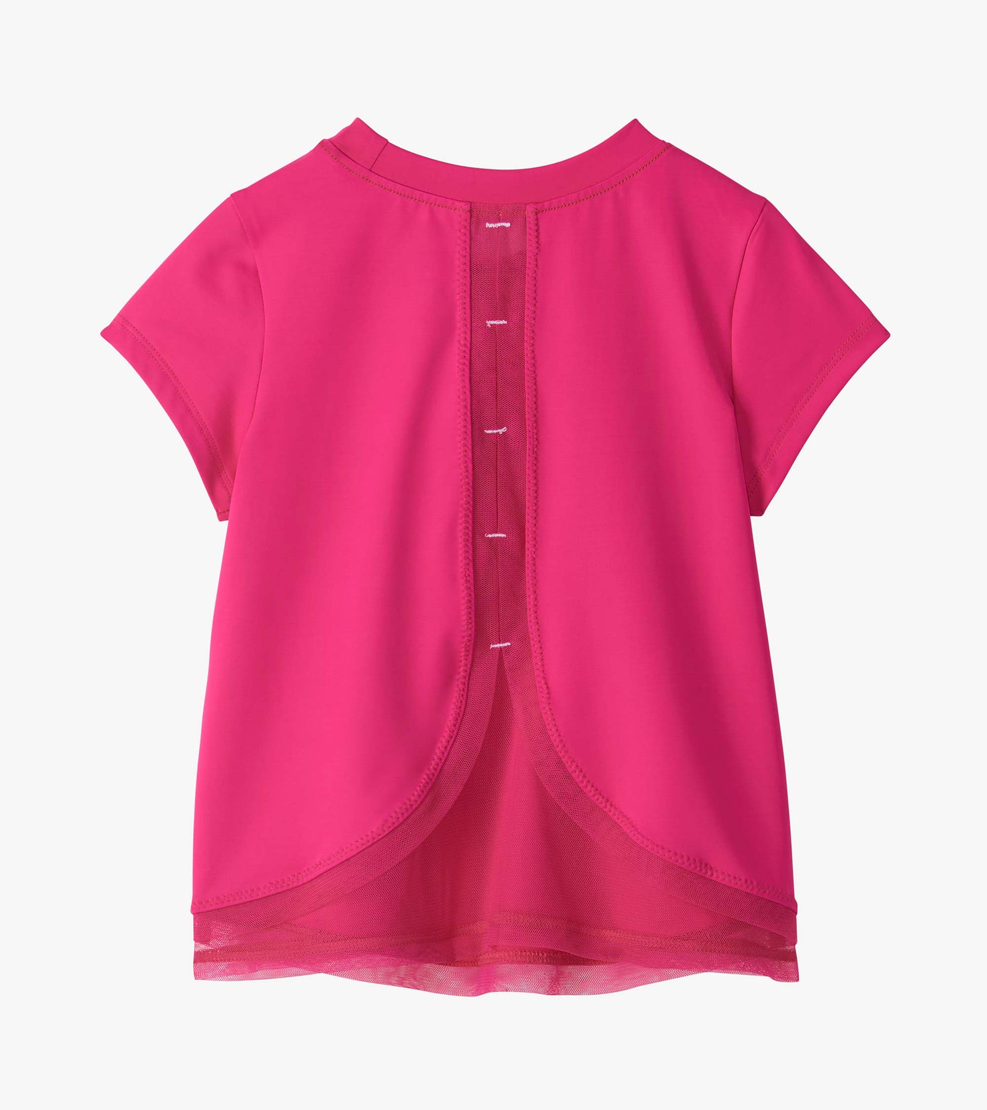 Back view of bright pink girls T-shirt with center mesh panel and curved mesh hem