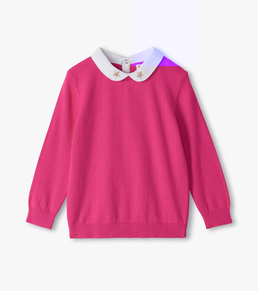 Pink long sleeve sweater with white Peter Pan collar and small gold stars on the collar