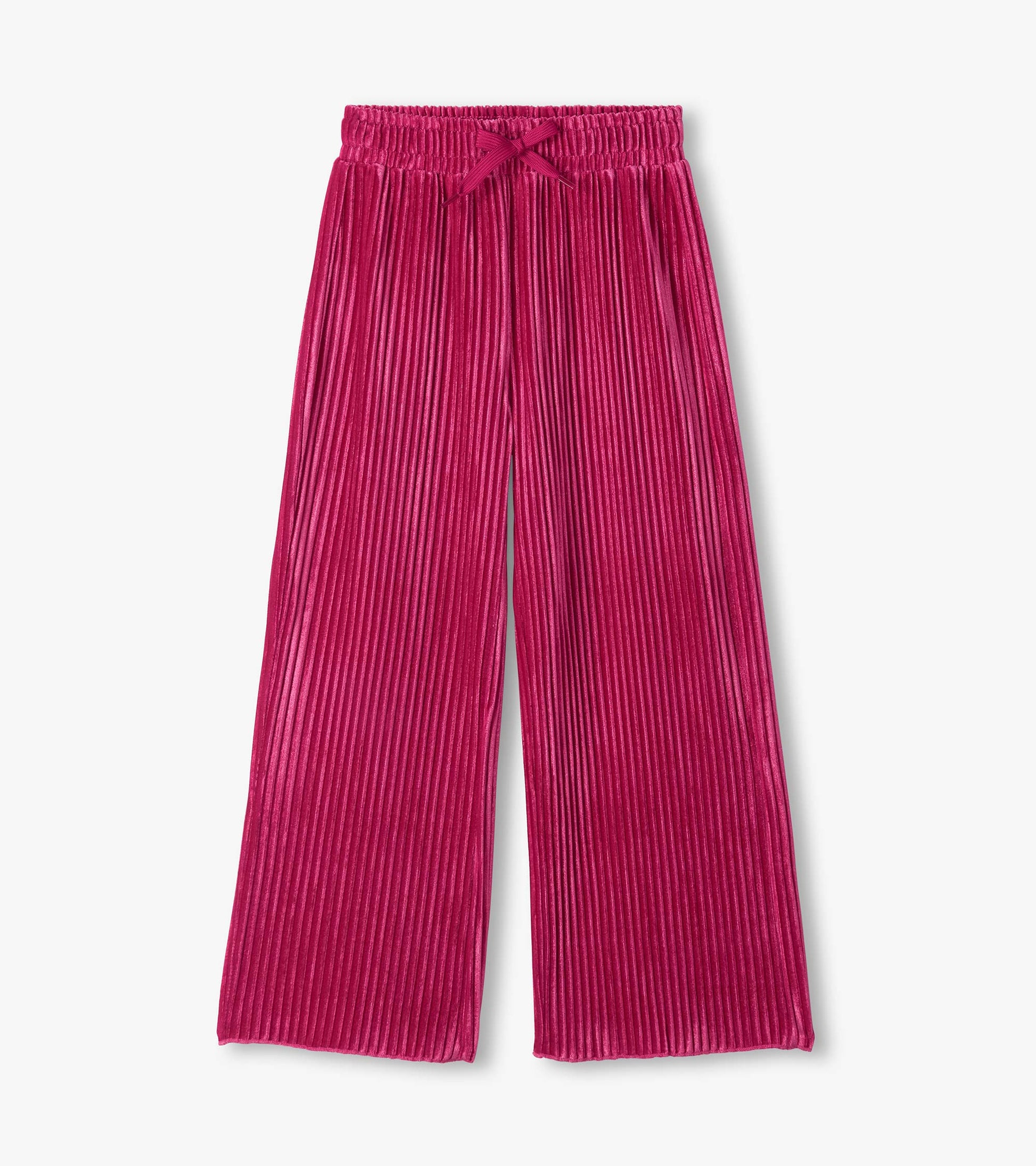 Pink pleated relaxed pants with elastic drawstring waist and wide straight legs
