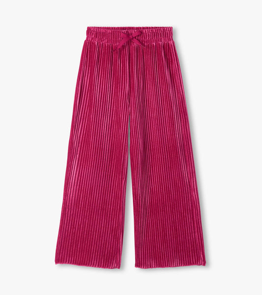 Pink pleated relaxed pants with elastic drawstring waist and wide straight legs