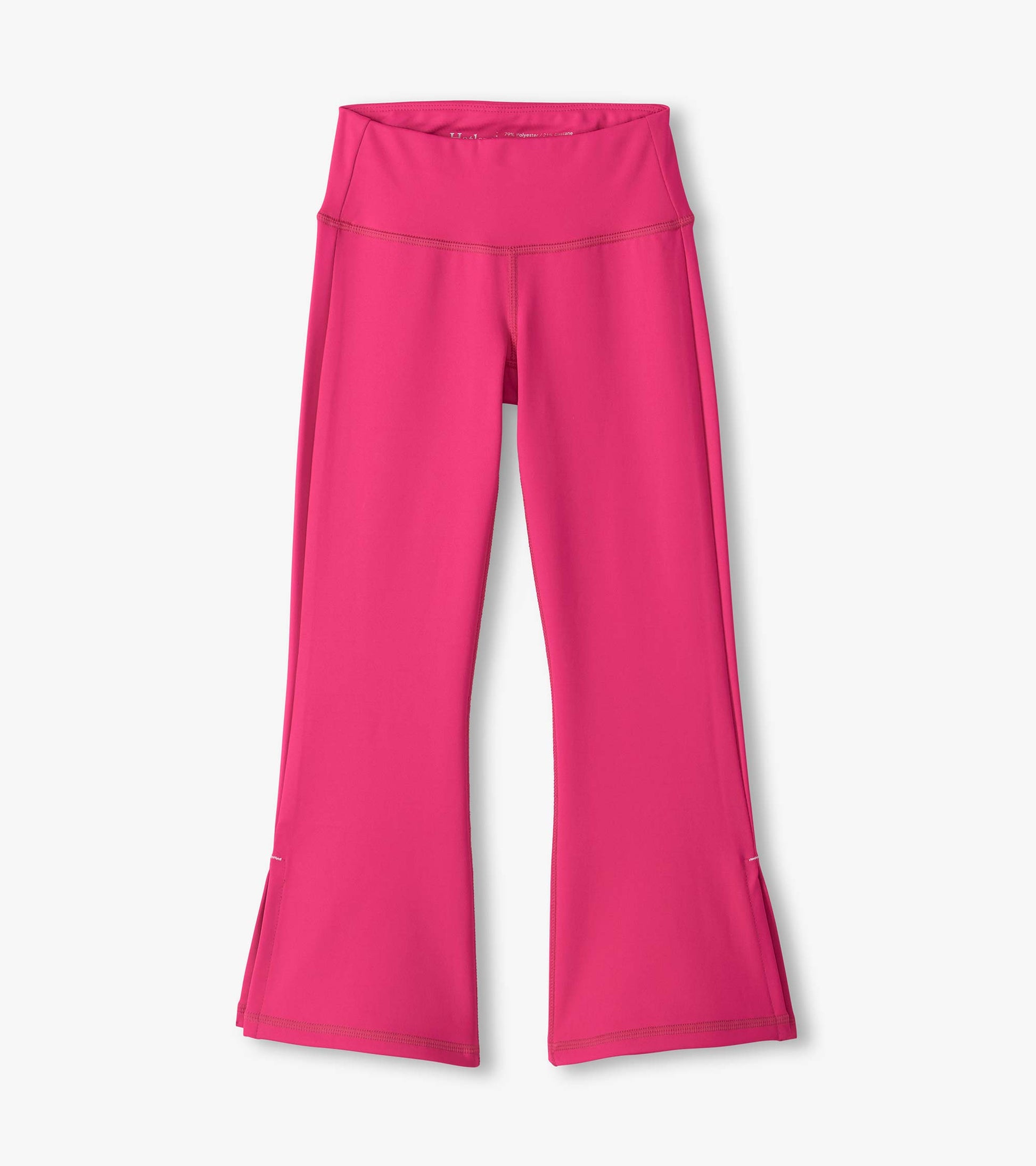 Bright pink active flared pants with a wide waistband and full-length legs