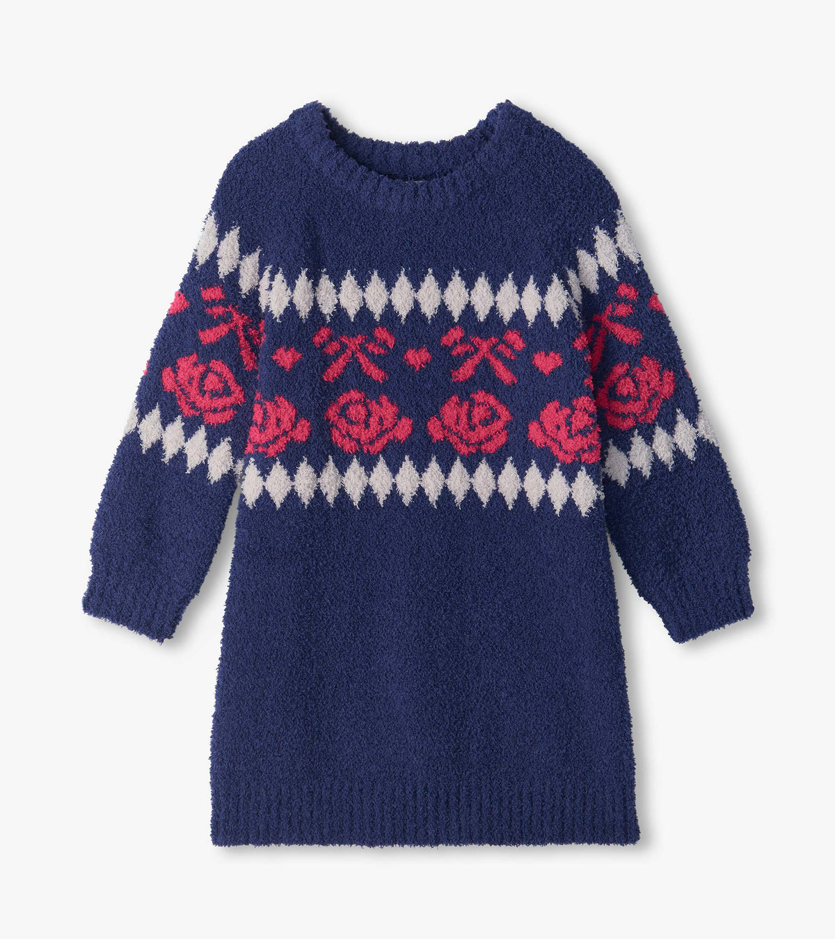 Front view of girls navy sweater dress with pink roses and bows, white diamonds, and long raglan sleeves