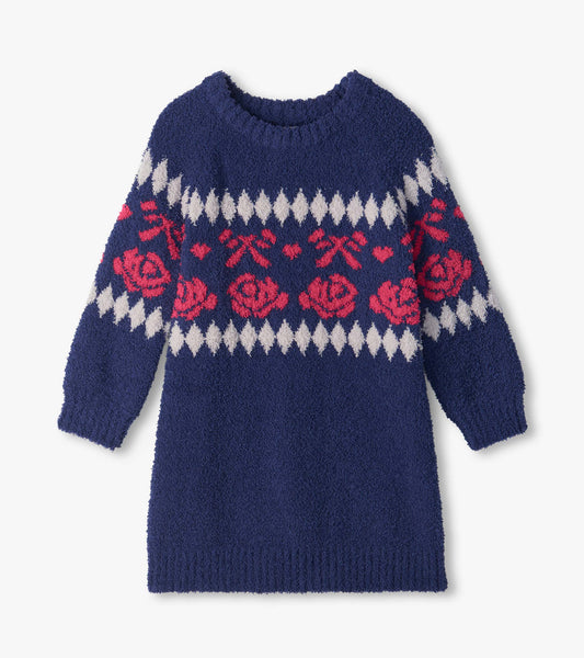 Front view of girls navy sweater dress with pink roses and bows, white diamonds, and long raglan sleeves