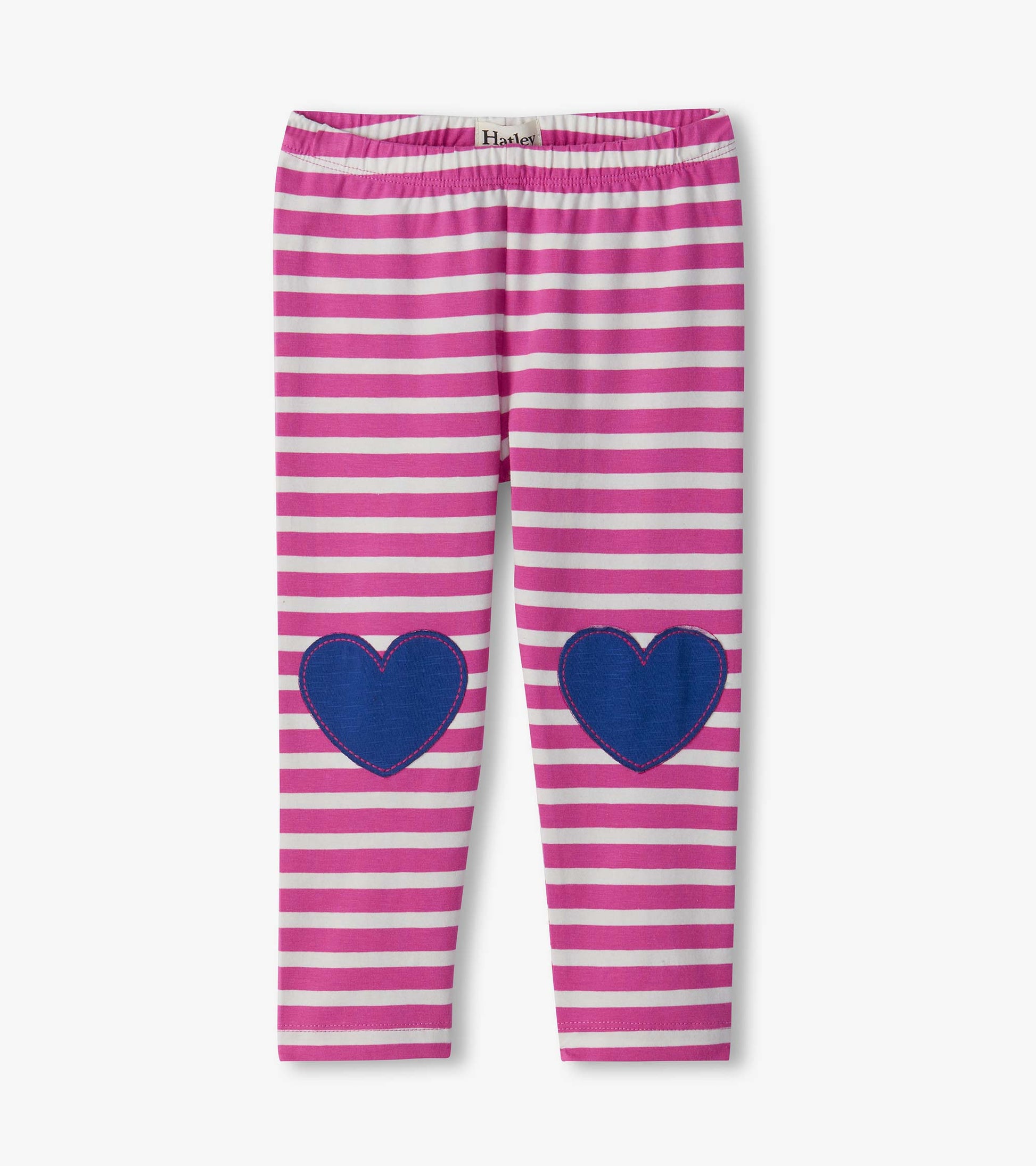 Pink and white striped infant leggings with blue heart knee patches, front view