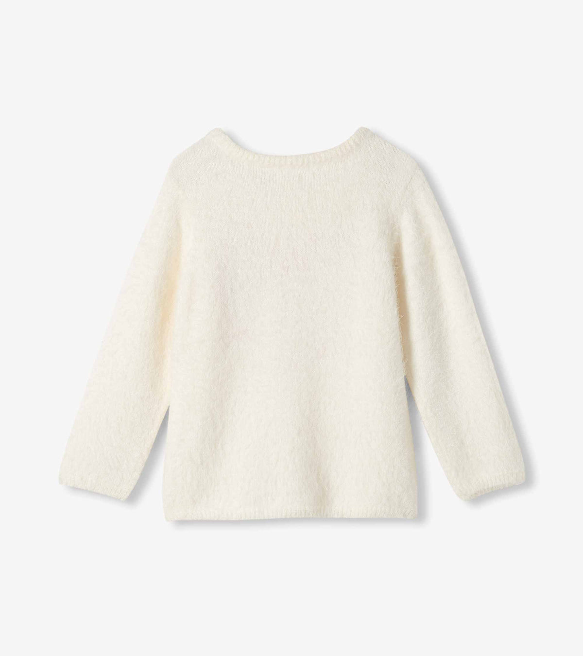 Back view of a cream fuzzy girls sweater with long sleeves