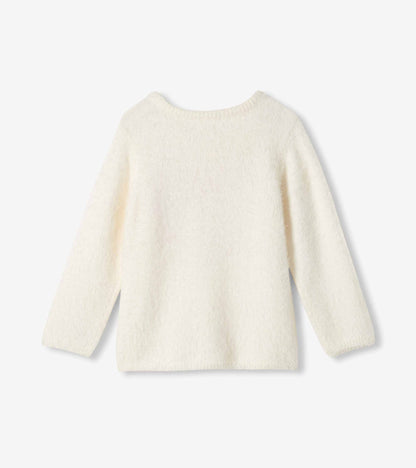 Back view of a cream fuzzy girls sweater with long sleeves
