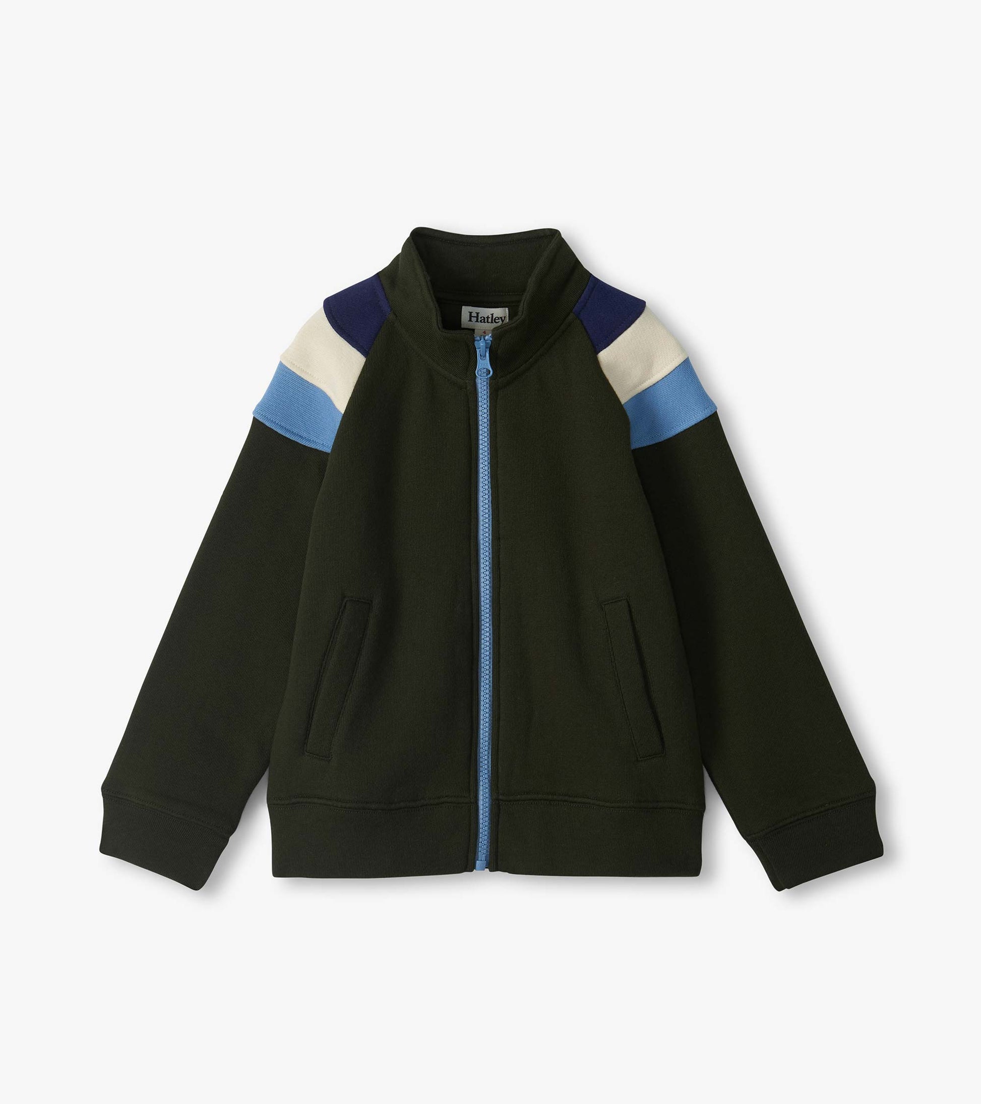 Rosin mock neck jacket in dark green with blue zip and blue, ivory, and navy colorblock shoulders