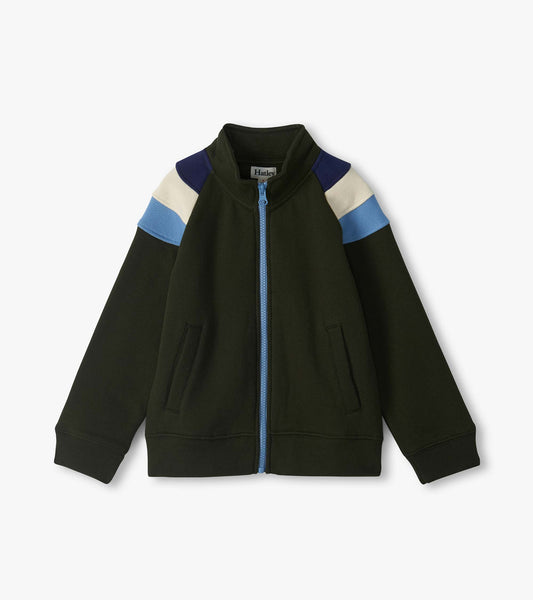 Rosin mock neck jacket in dark green with blue zip and blue, ivory, and navy colorblock shoulders