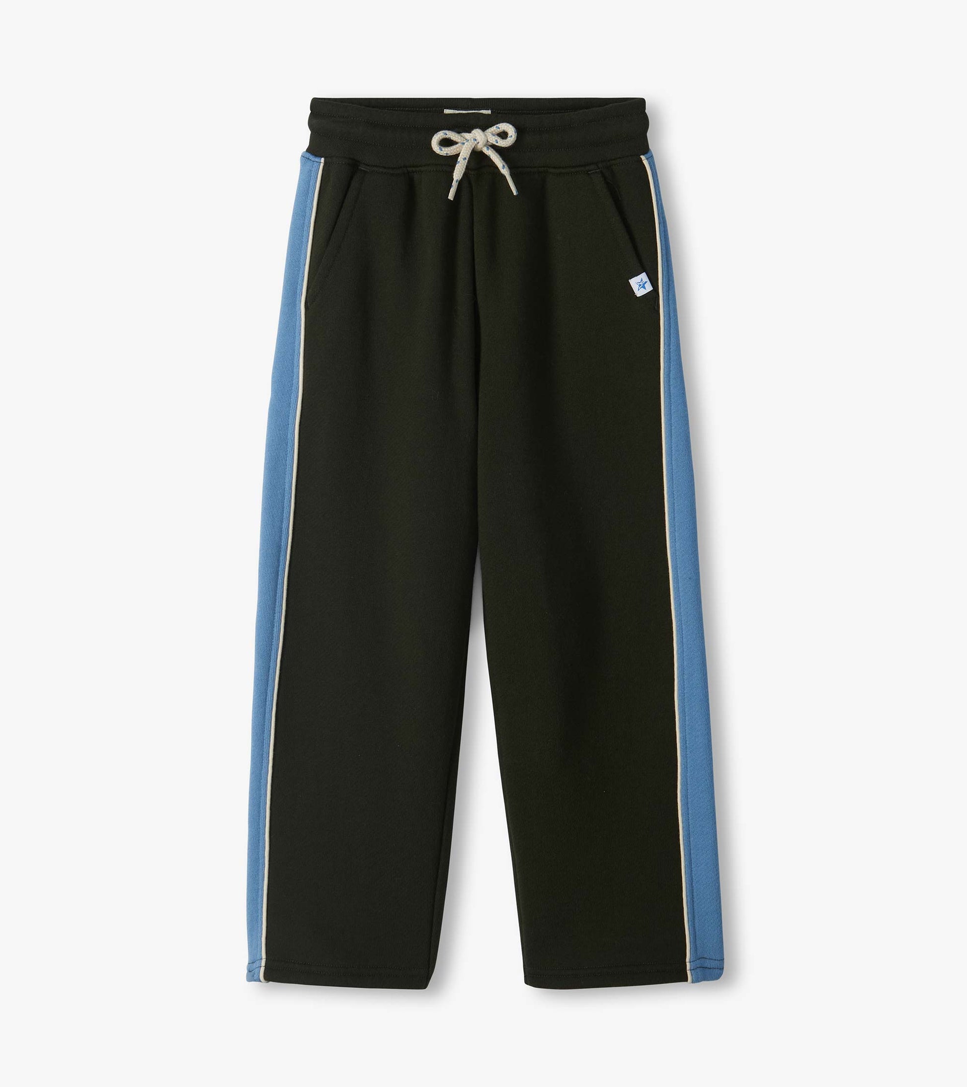 Black athletic pants with blue side panels, white piping, drawstring waist, and front pockets