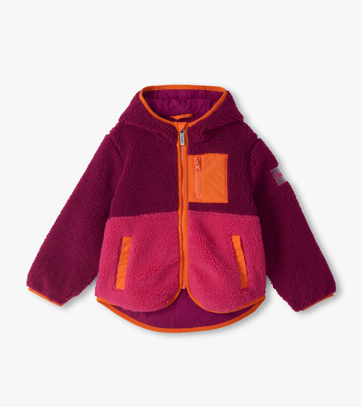 Front view of girls raspberry and pink hooded sherpa jacket with orange trim and zip chest pocket