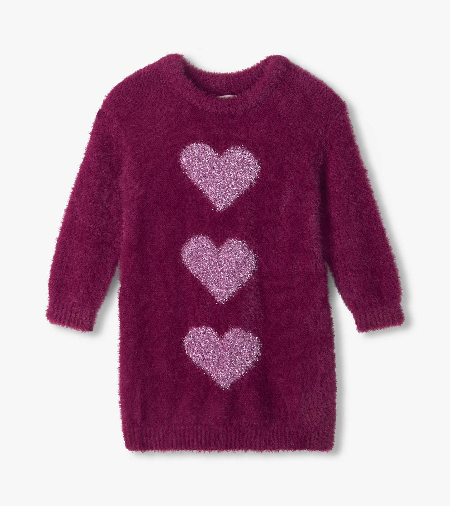 Raspberry dropped shoulder sweater dress with long sleeves and three pink hearts down the front