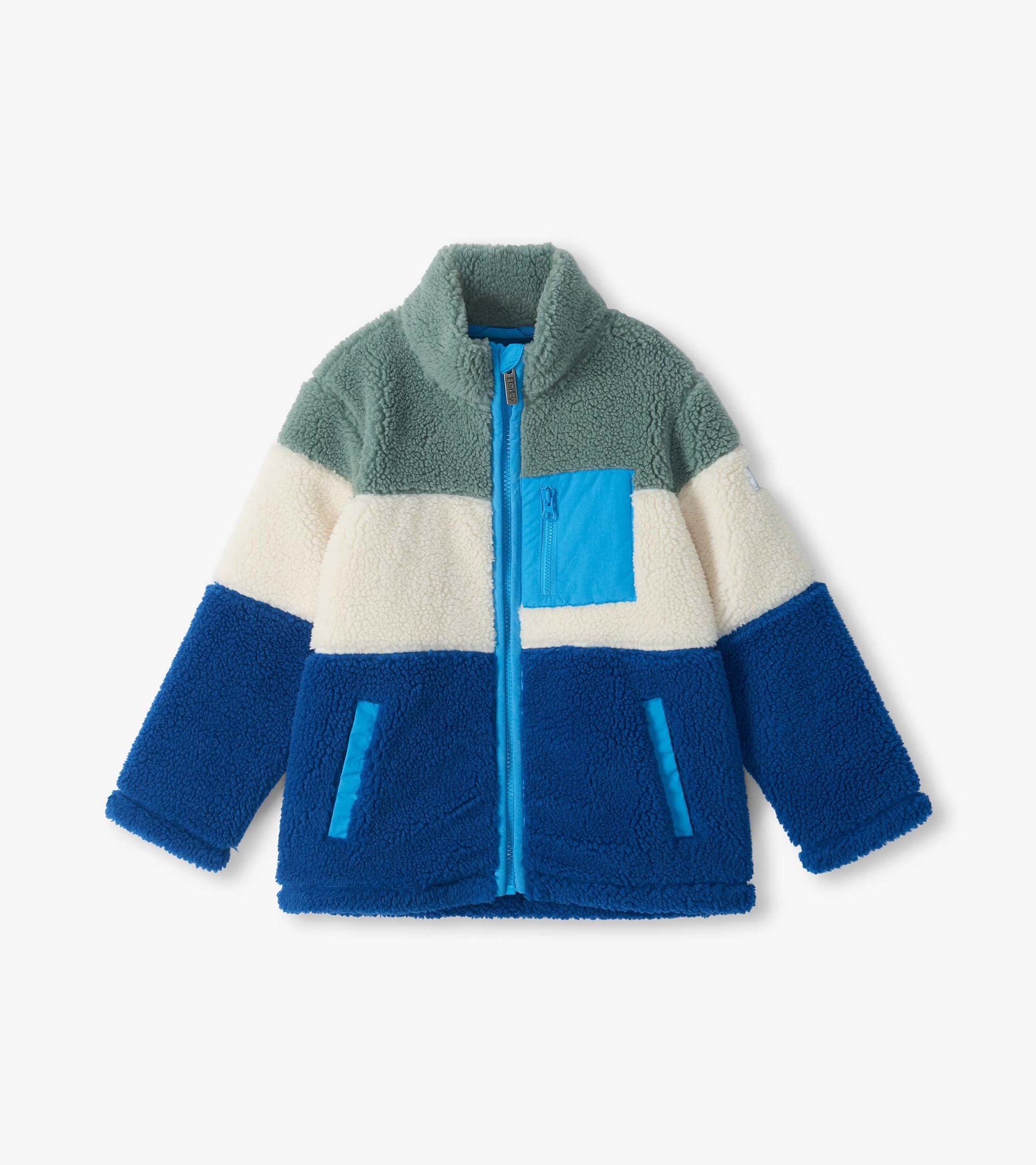 Front view of kids colourblock sherpa jacket in sage green, cream and blue with zip chest pocket