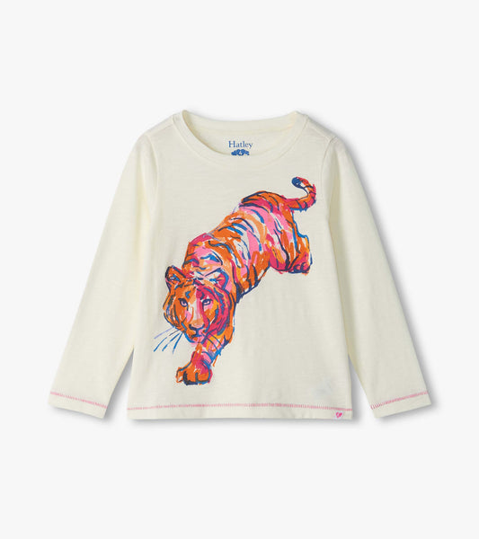 Cream long sleeve tee with a large colorful tiger graphic on the front and pink stitching at the hem