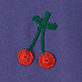 Two red cherries with green stems on a purple background