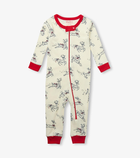 Front view of baby sleeper in cream with reindeer print, red trim, long sleeves, and zip front