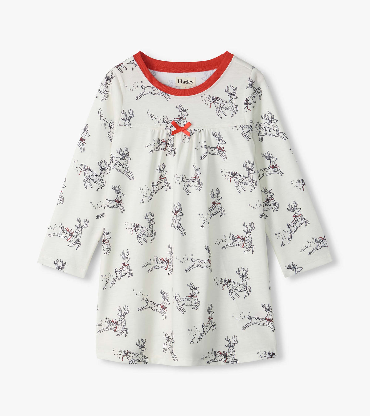 Girls white long-sleeve nightdress with leaping reindeer print, red neckline, and small red bow at the chest