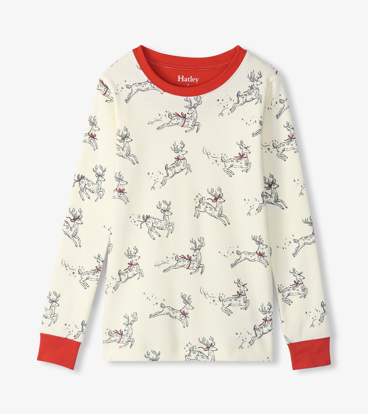 Cream long sleeve pajama top with leaping reindeer print and red neckline and cuffs