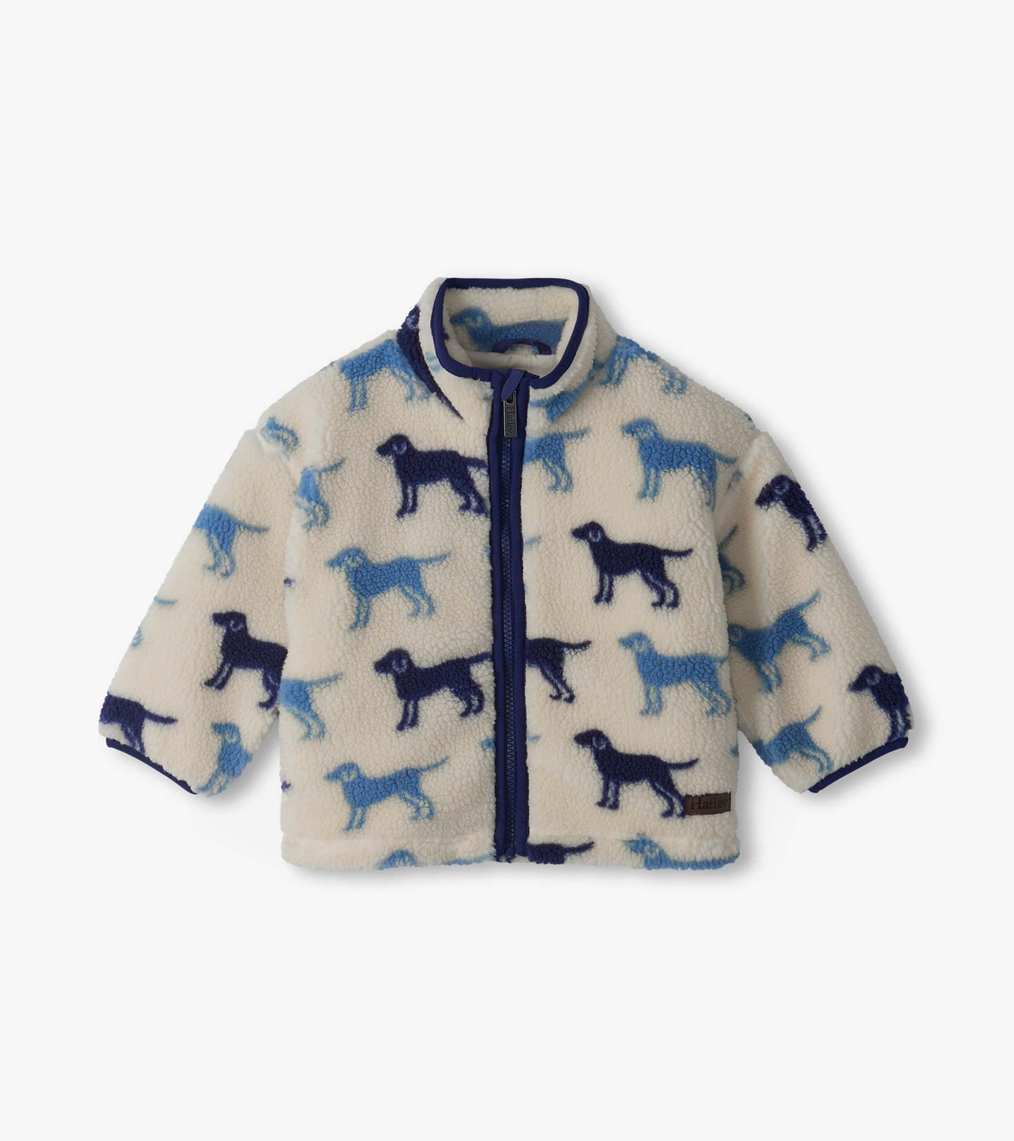 Infant mock neck sherpa jacket in cream with blue Labrador silhouette print and front zip