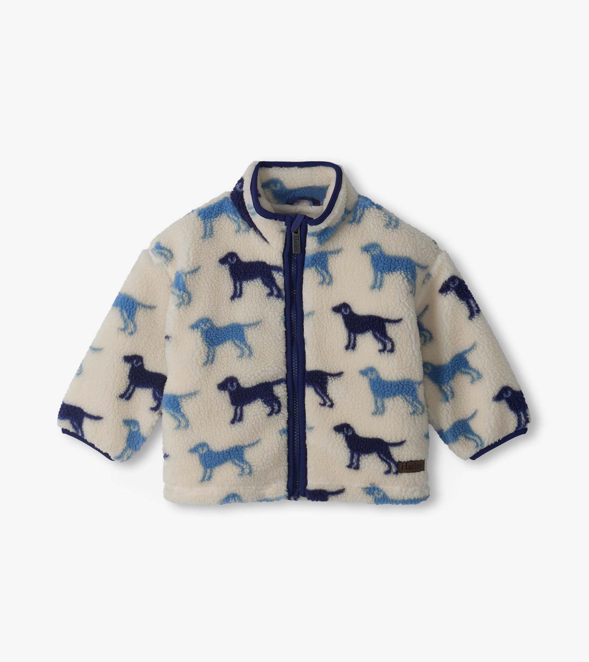 Infant mock neck sherpa jacket in cream with blue Labrador silhouette print and front zip