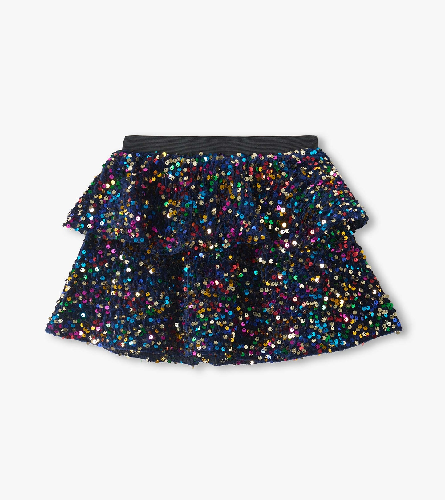 Navy flounce skirt with multicolor sequin embellishment and ribbed elastic waistband