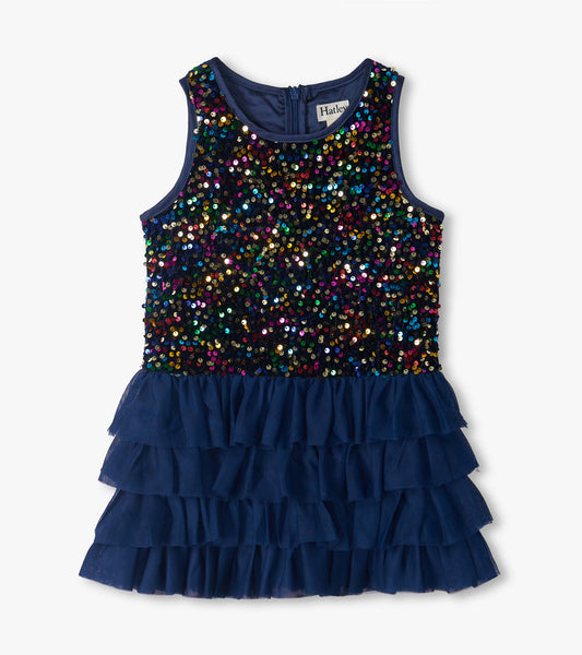 Front view of girls navy sleeveless dress with multicolor sequin bodice and tiered tulle skirt