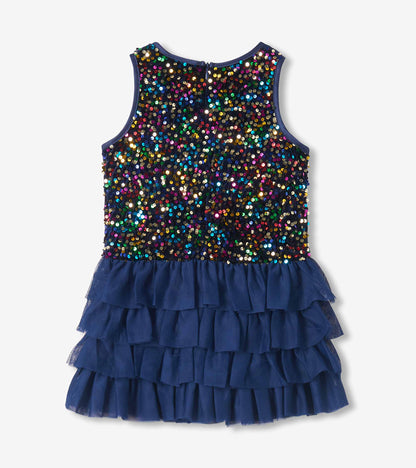 Back view of girls navy sleeveless dress with multicolor sequin bodice and tiered tulle skirt
