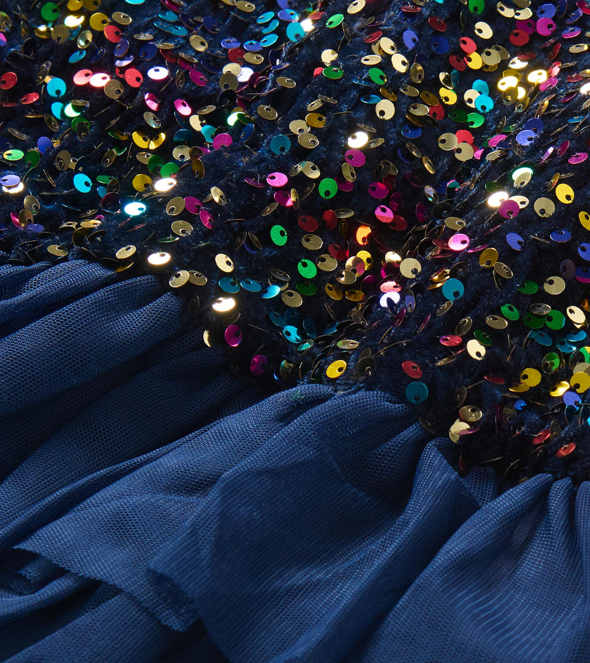 Close-up of multicolor sequin bodice and navy tulle tiers on girls dress