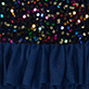 Blue fabric with a ruffled bottom and multicolored sequin floral pattern