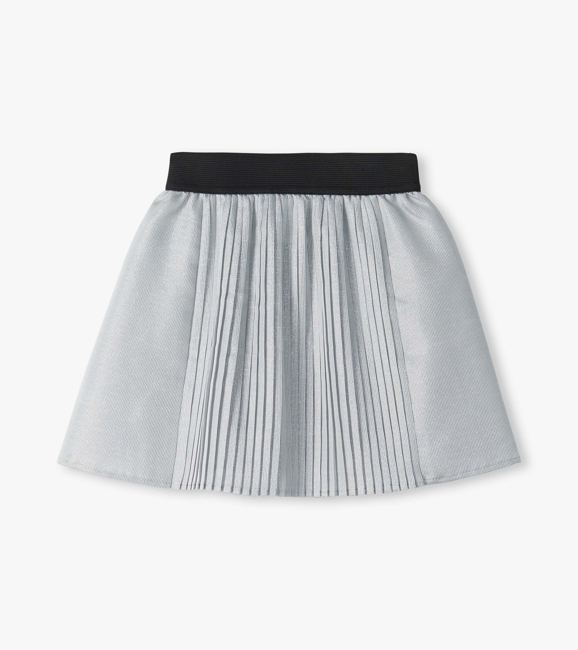 Silver pleated skirt with a black elastic waistband and subtle glittery texture