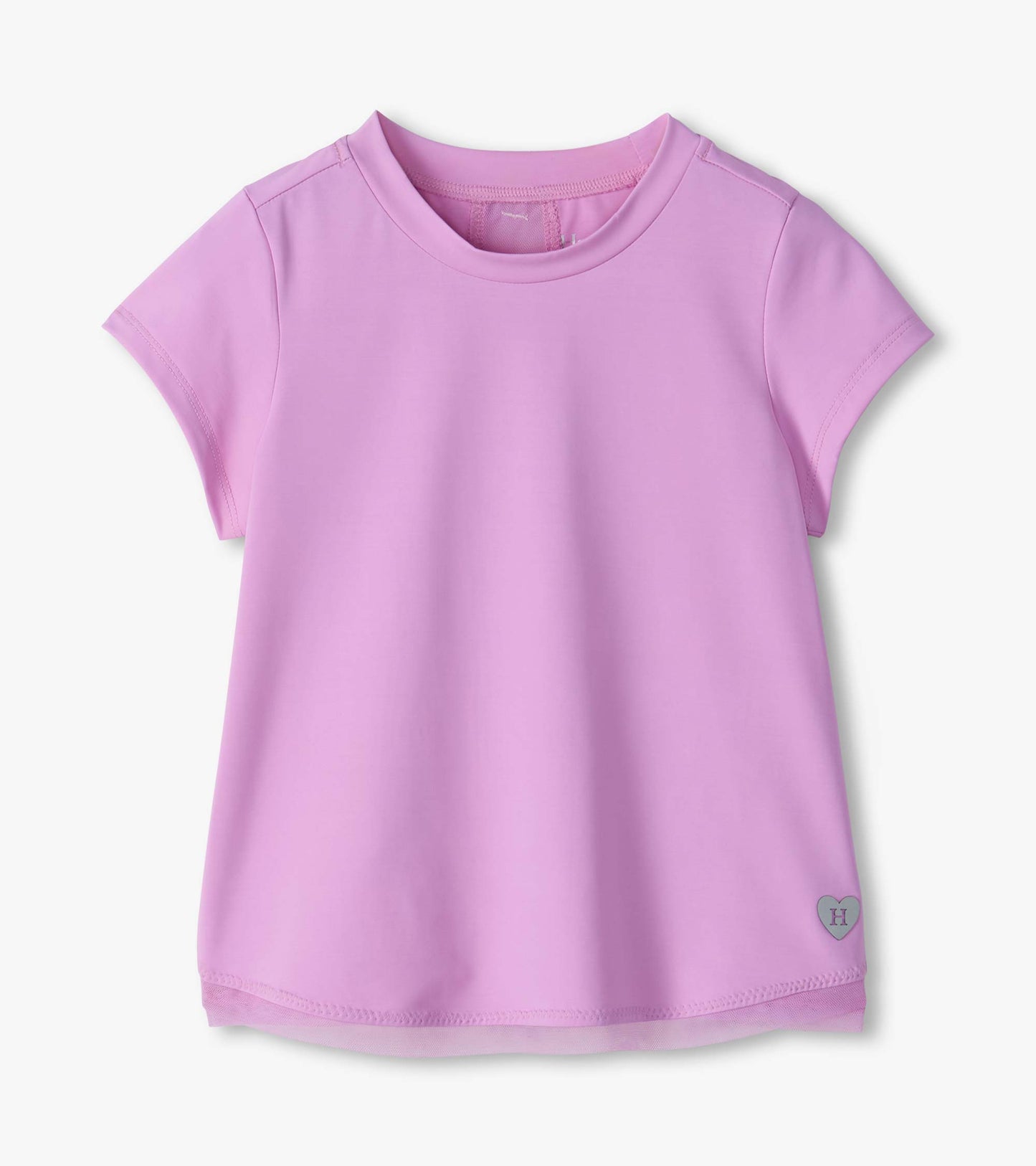 Front view of lilac short sleeve tee with sheer mesh hem trim and small heart detail near the bottom