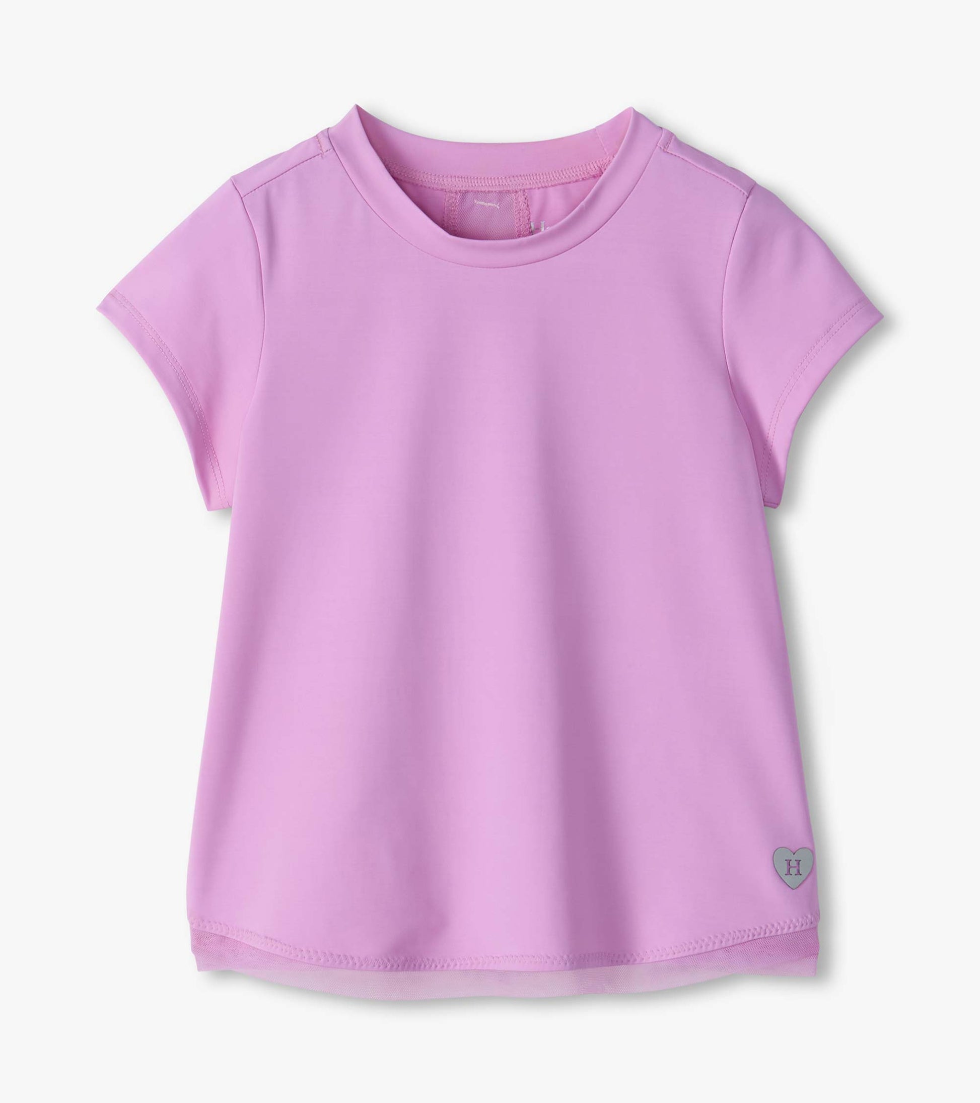Front view of lilac short sleeve tee with sheer mesh hem trim and small heart detail near the bottom