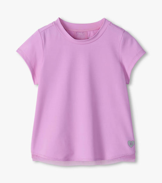 Front view of lilac short sleeve tee with sheer mesh hem trim and small heart detail near the bottom