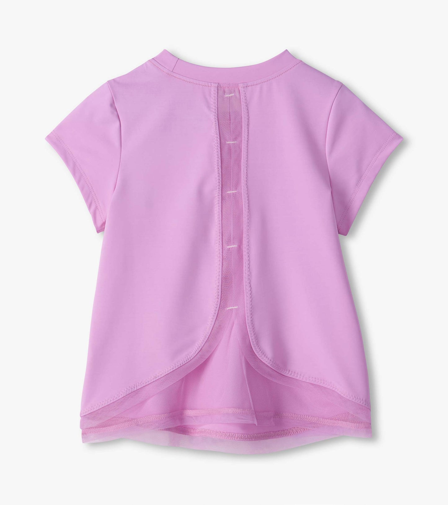 Back view of lilac short sleeve tee with center sheer mesh panel and overlapping back hem