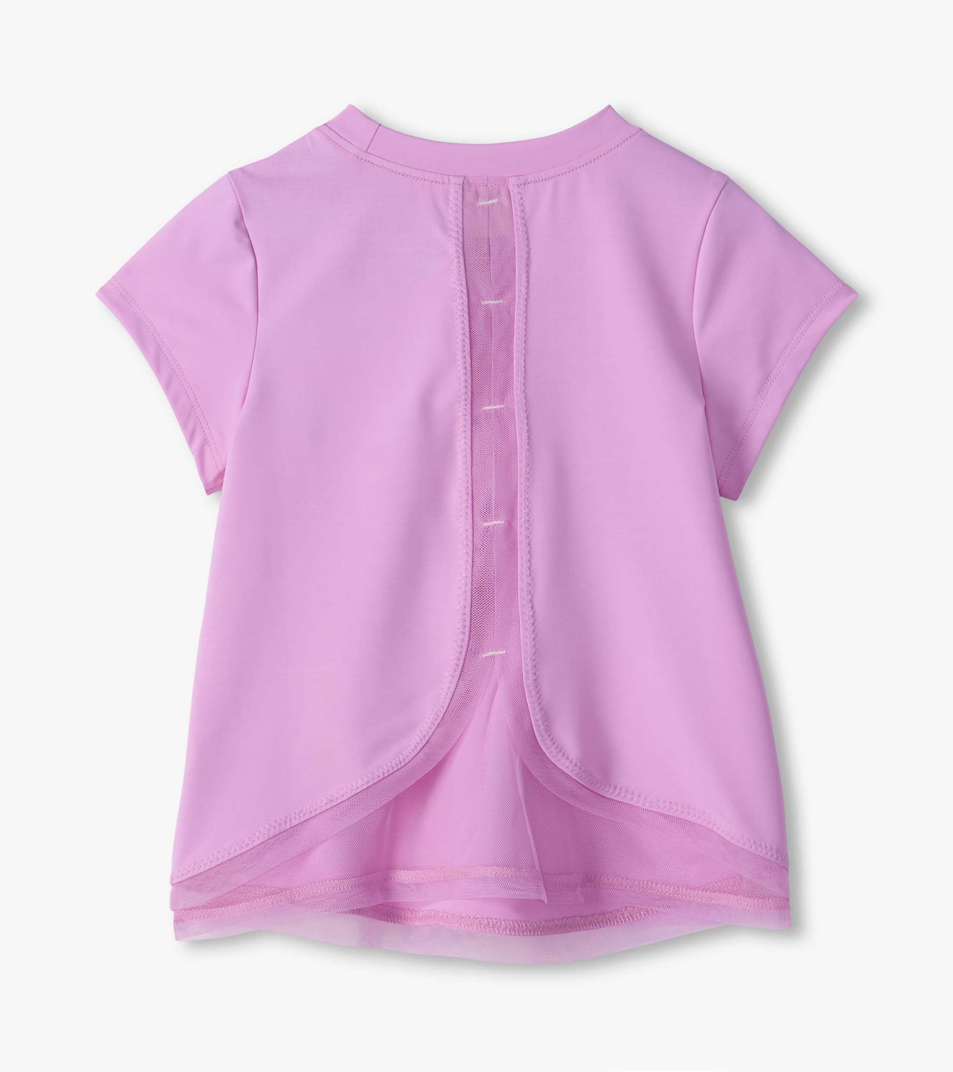 Back view of lilac short sleeve tee with center sheer mesh panel and overlapping back hem
