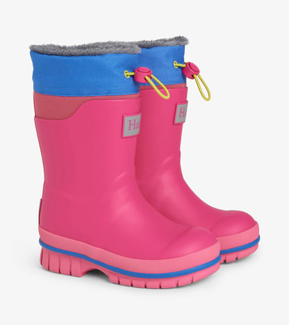 Pair of pink kids' winter boots with blue cuffs, gray lining, and toggle drawcord closures