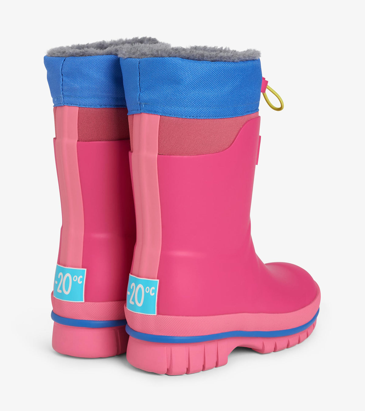 Back view of pink kids' boots with blue cuffs, gray lining, and deep tread soles