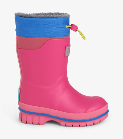 Side view of a pink Boreal boot with blue cuff, gray lining, and drawcord toggle
