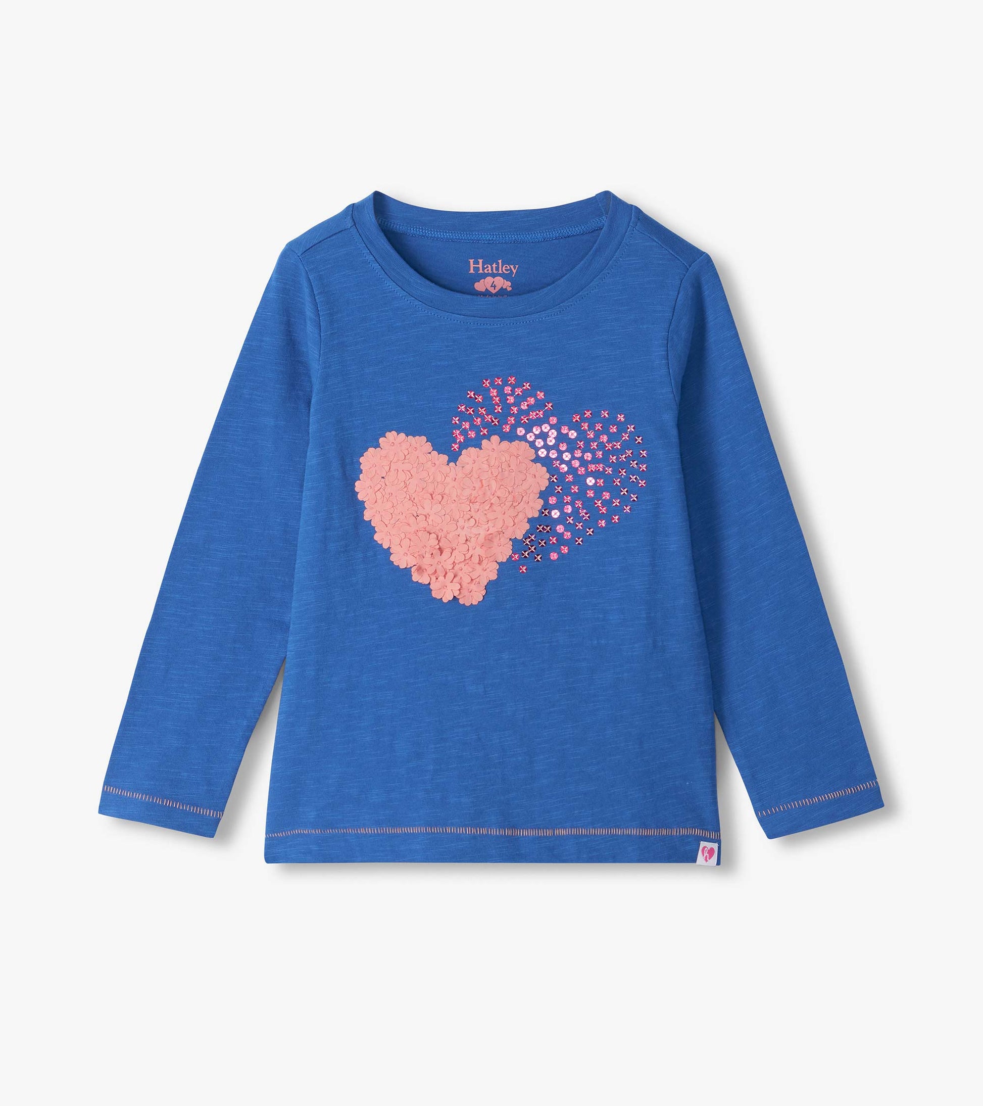 Blue girls long sleeve tee with two pink heart graphics on the chest and stitched hem detail