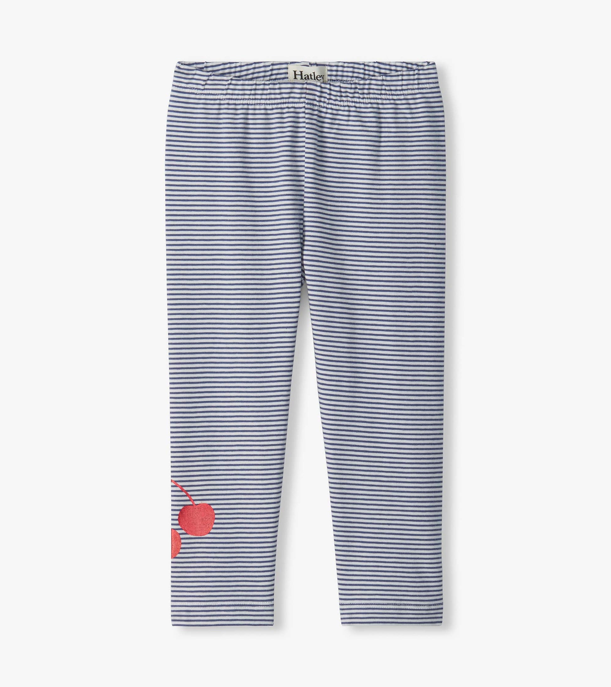 Infant leggings with blue and white stripes, elastic waist, and red cherry print on one leg