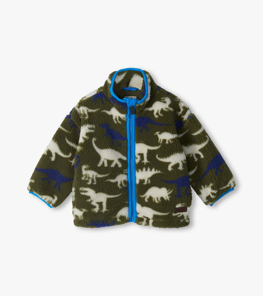 Infant zip-up sherpa jacket in olive green with white and blue dinosaur silhouettes and bright blue trim