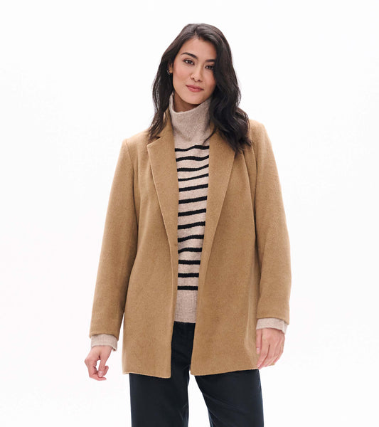 Front view of burro brown open jacket with notch lapels on model
