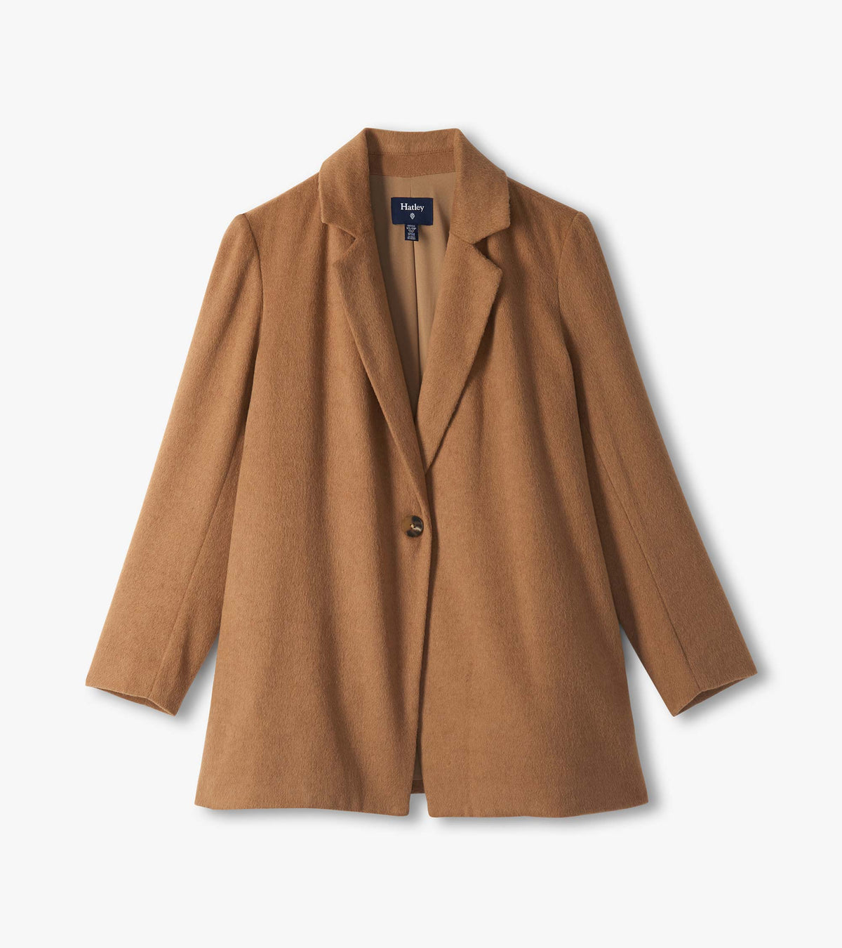 Hatley burro brown jacket laid flat with notch lapels and single-button front