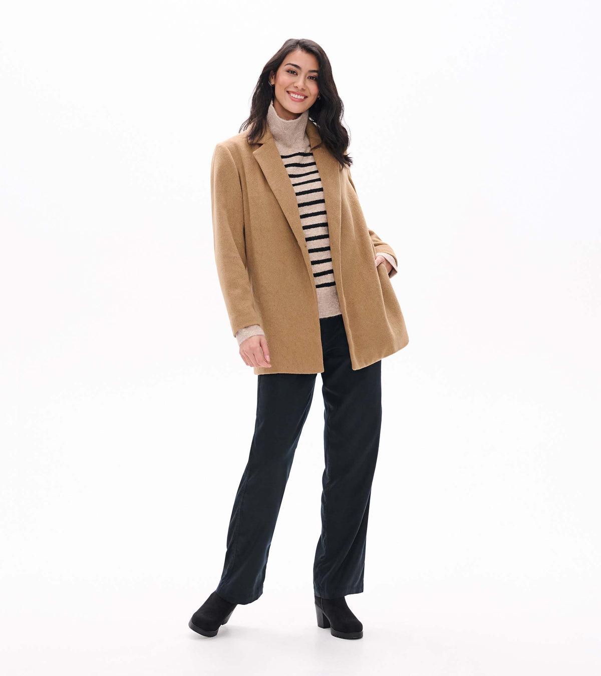 Full-length front view of burro brown open jacket on model