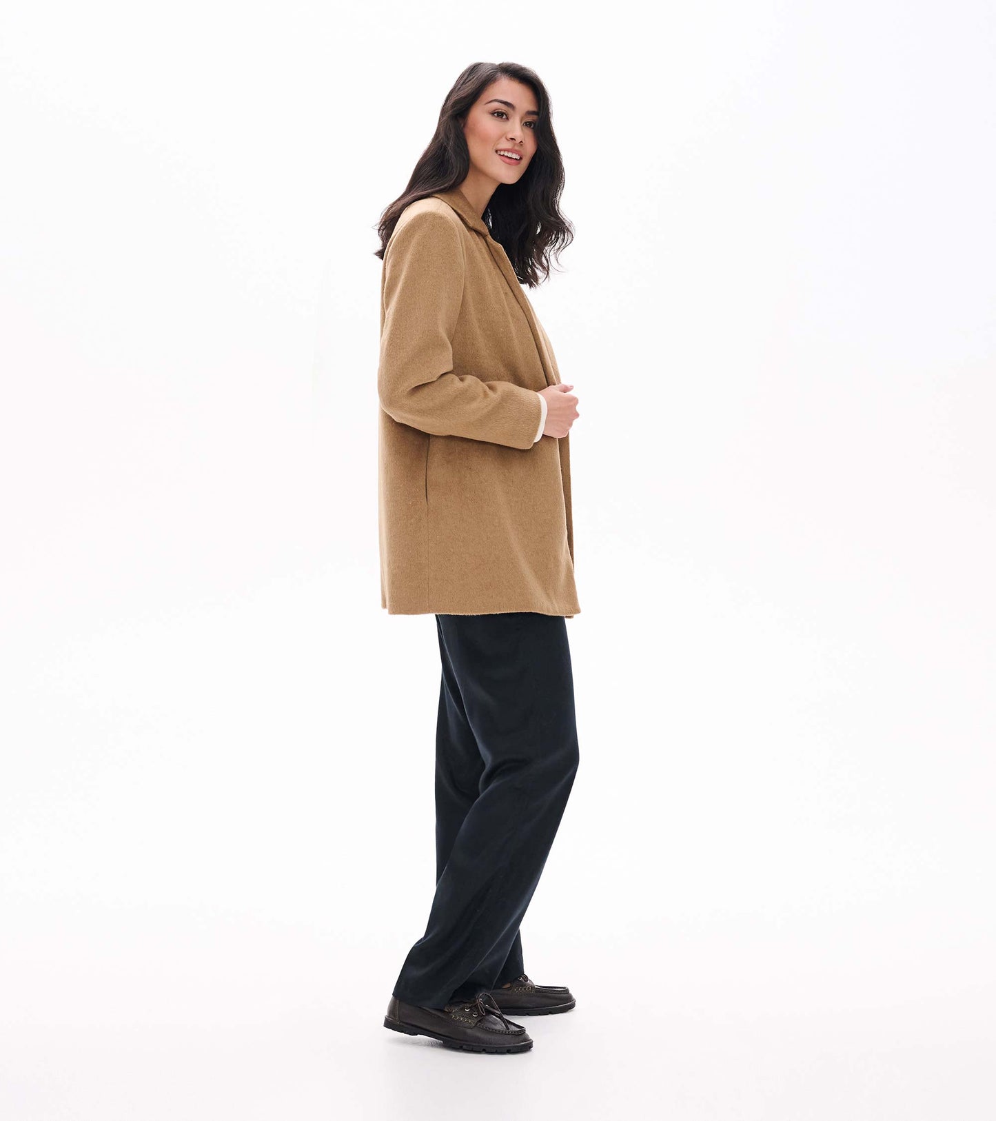 Side view of burro brown open jacket on model