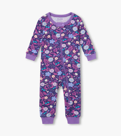 Front view of infant coverall with purple floral print, purple trim, and full zip closure