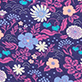 Purple patterned design with pink and blue flowers, leaves, and curved shapes