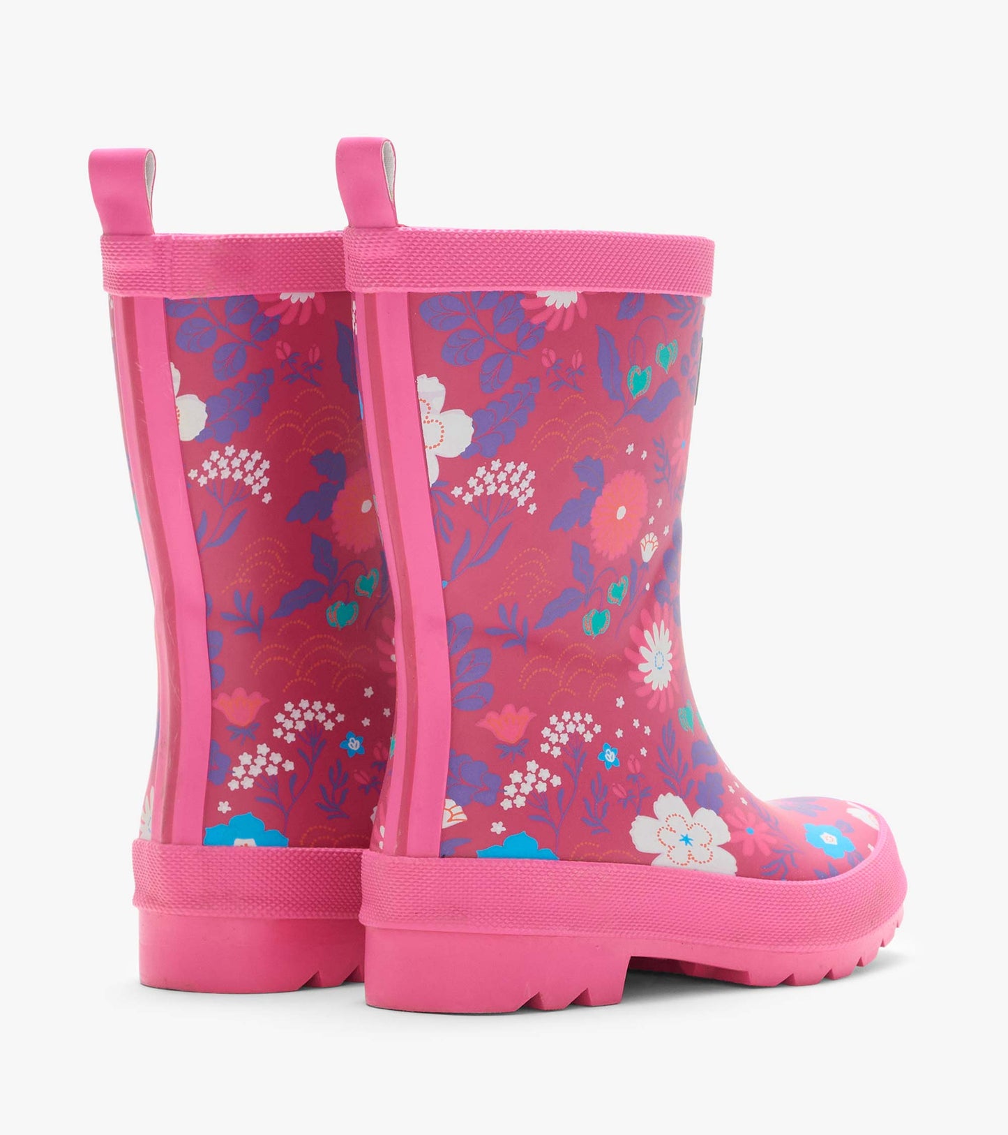 Back and side view of pink floral rain boots with rear pull tabs and chunky tread soles