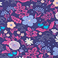 Purple floral pattern with pink flowers, leaves, and small birds